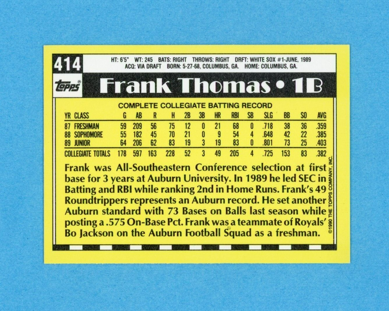 1990 Topps Tiffany #414 Frank Thomas Chicago White Sox Rookie Baseball Card NM