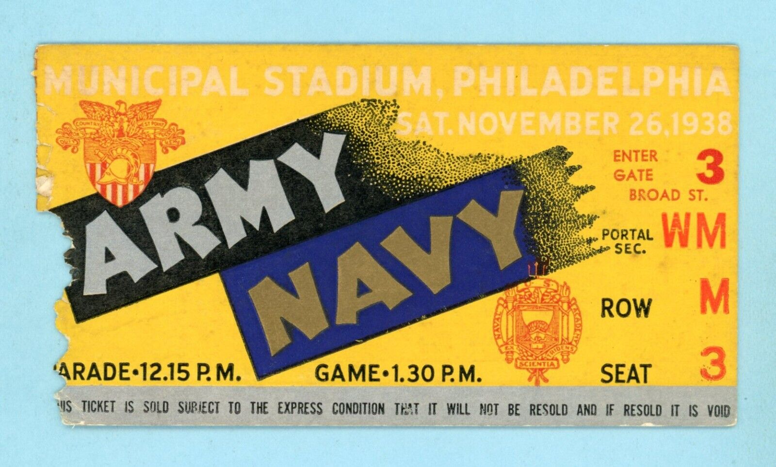 November 26, 1938 Army vs Navy at Municipal Stadium Philadelphia Ticket Stub 