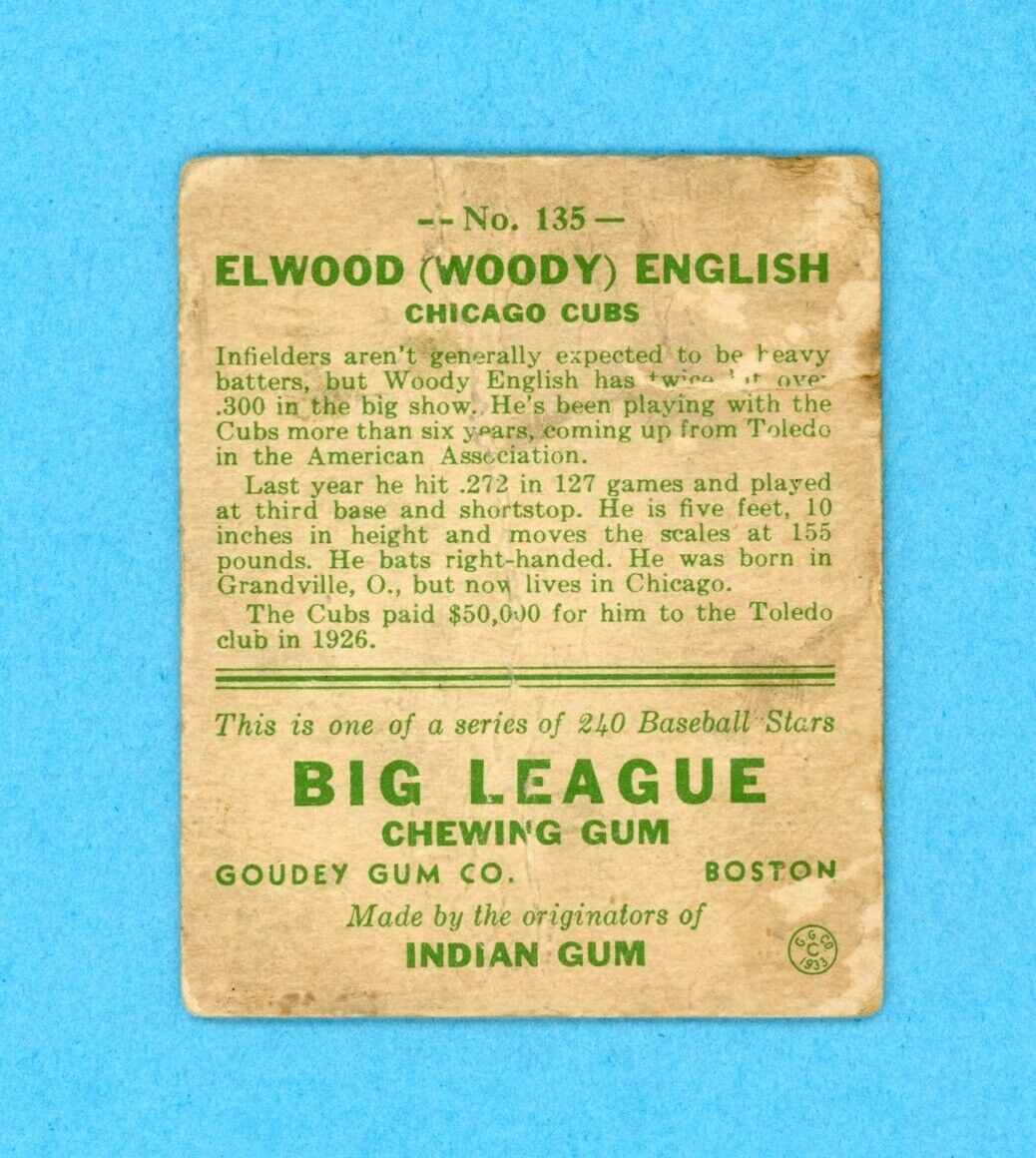 1933 Goudey #135 Woody English Chicago Cubs Baseball Card Low Grade