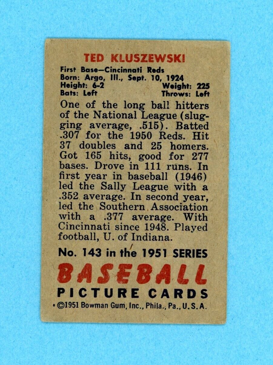 1951 Bowman #143 Ted Kluszewski Cincinnati Reds Baseball Card VG -VG+ flw