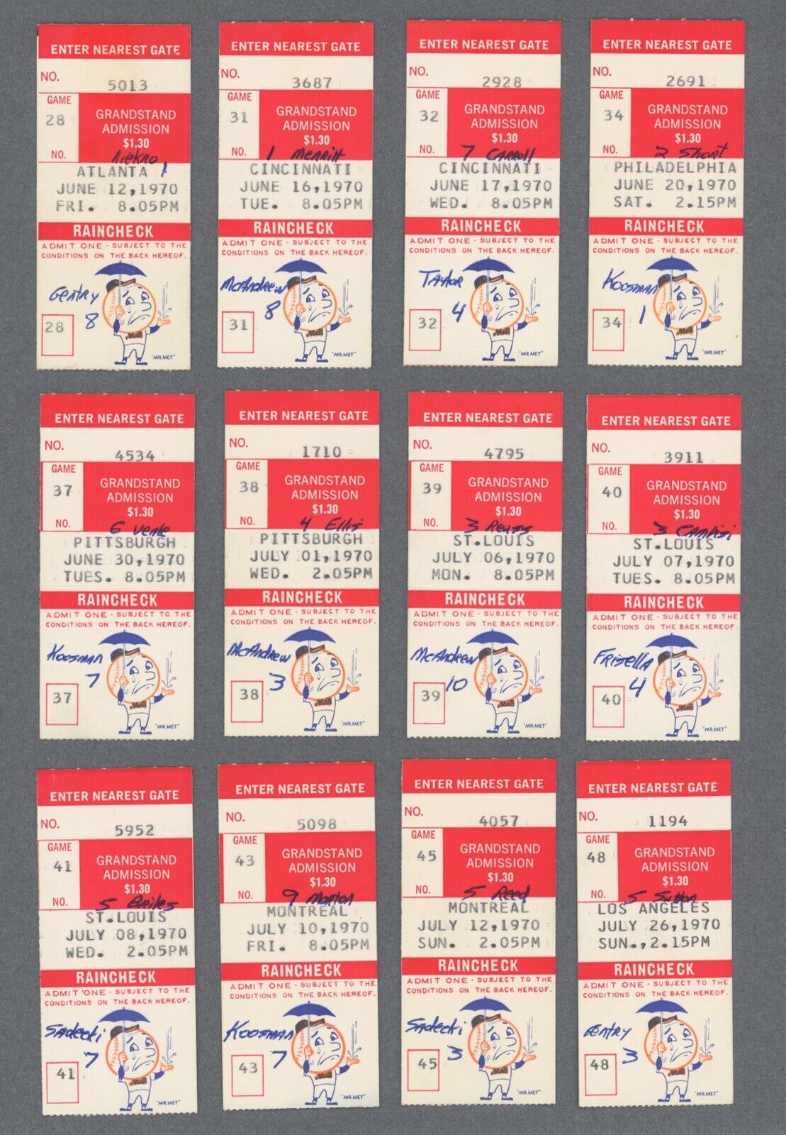 Lot of 22 Different 1970 New York Mets Ticket Stubs at Shea Stadium