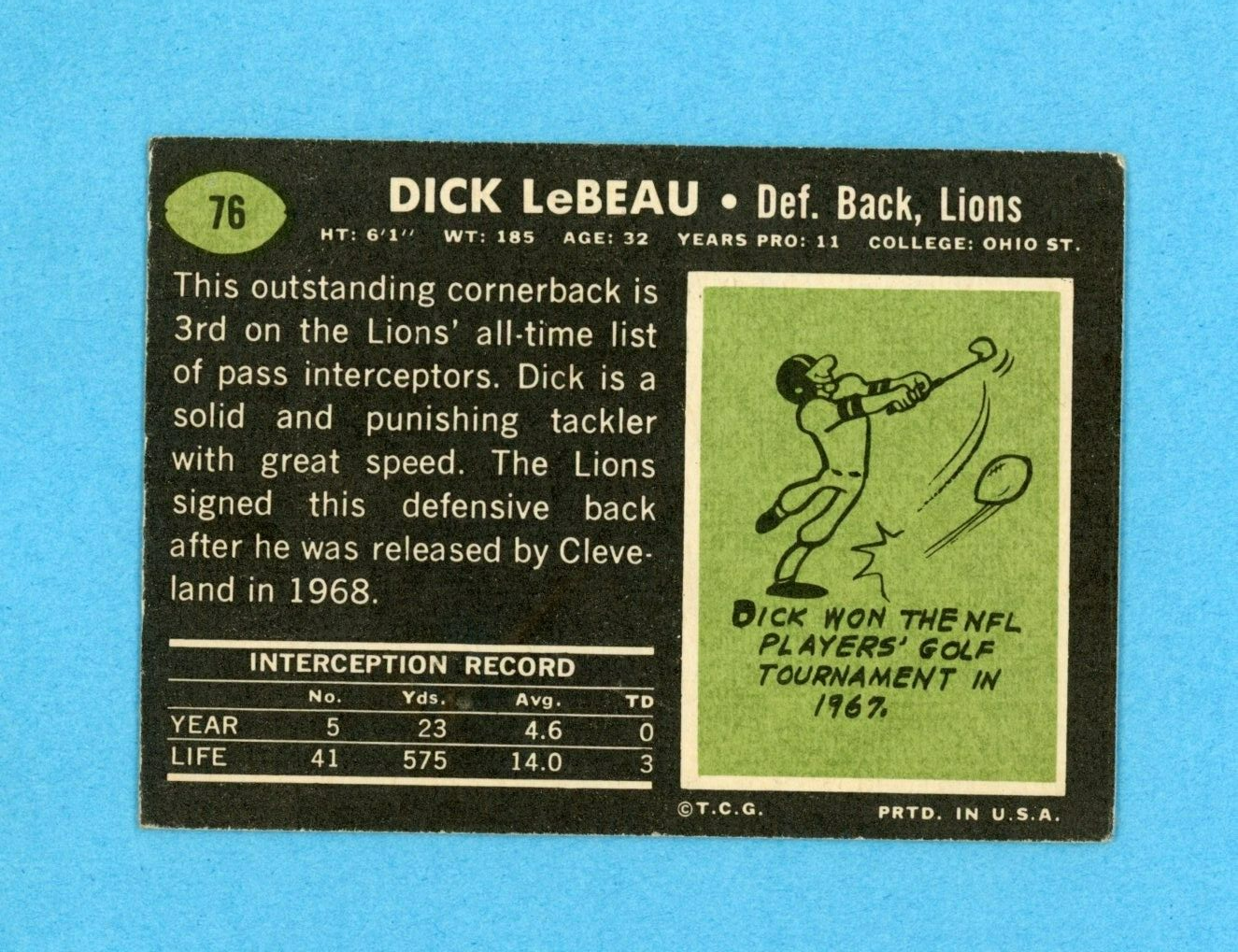 Dick LeBeau Detroit Lions 1969 Topps #76 Autographed Football Card