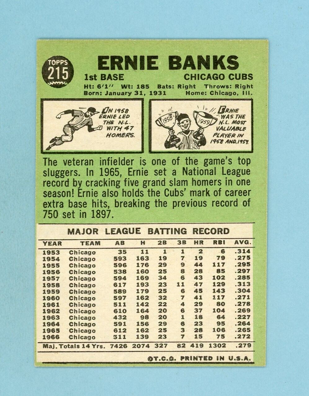 1967 Topps #215 Ernie Banks Chicago Cubs Baseball Card EX+ - Ex/Mt