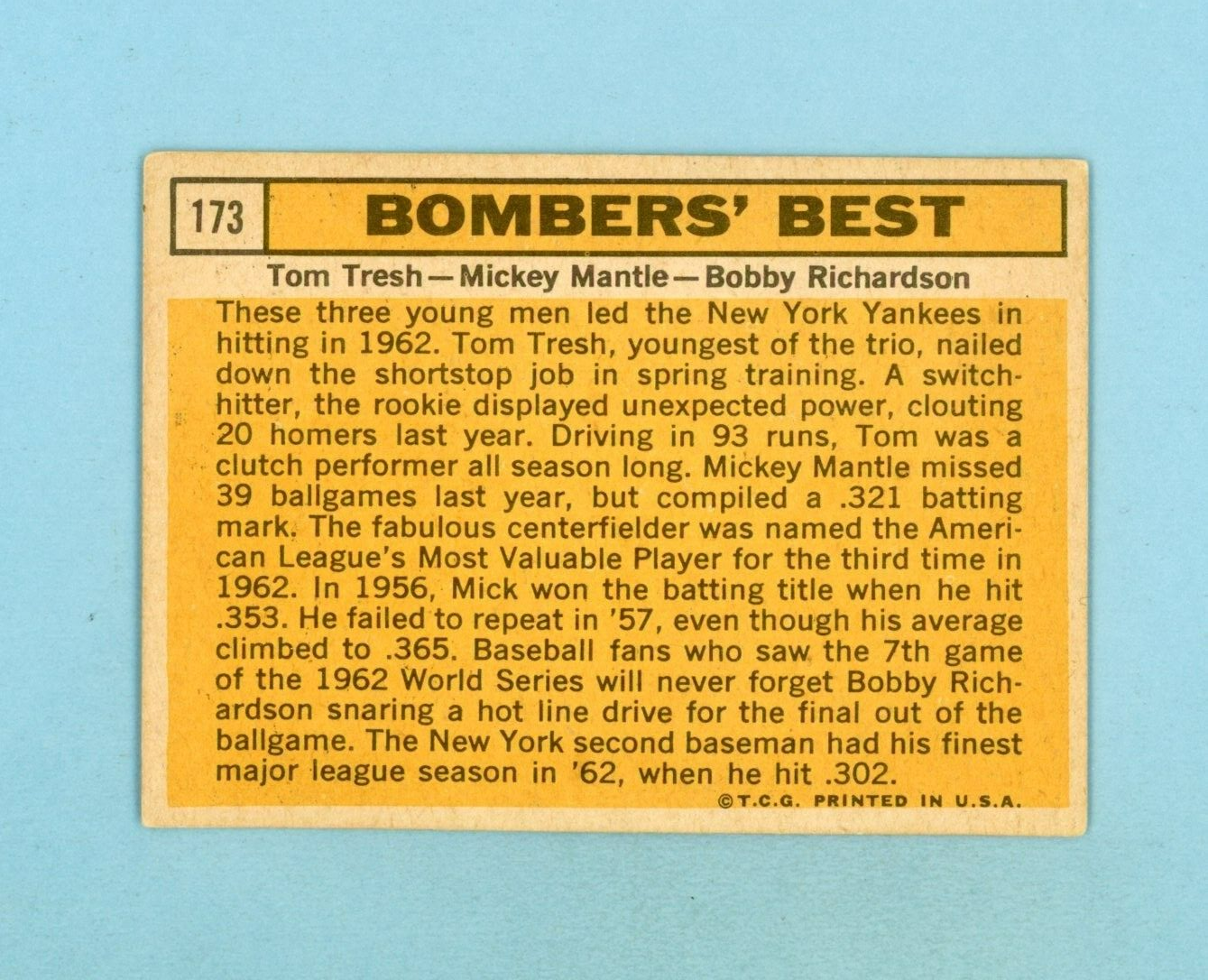 1963 Topps #173 Bombers Best Mantle, Tresh, Richardson Baseball Card Low Grade