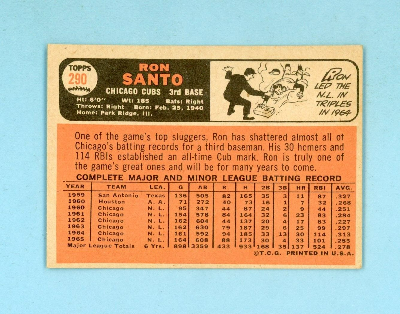 1966 Topps #290 Ron Santo Chicago Cubs Baseball Card EX+-Ex/Mt o/c ap wrk