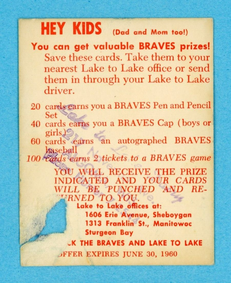 1960 Lake To Lake Del Crandall Milwaukee Braves Baseball Card Low Grade