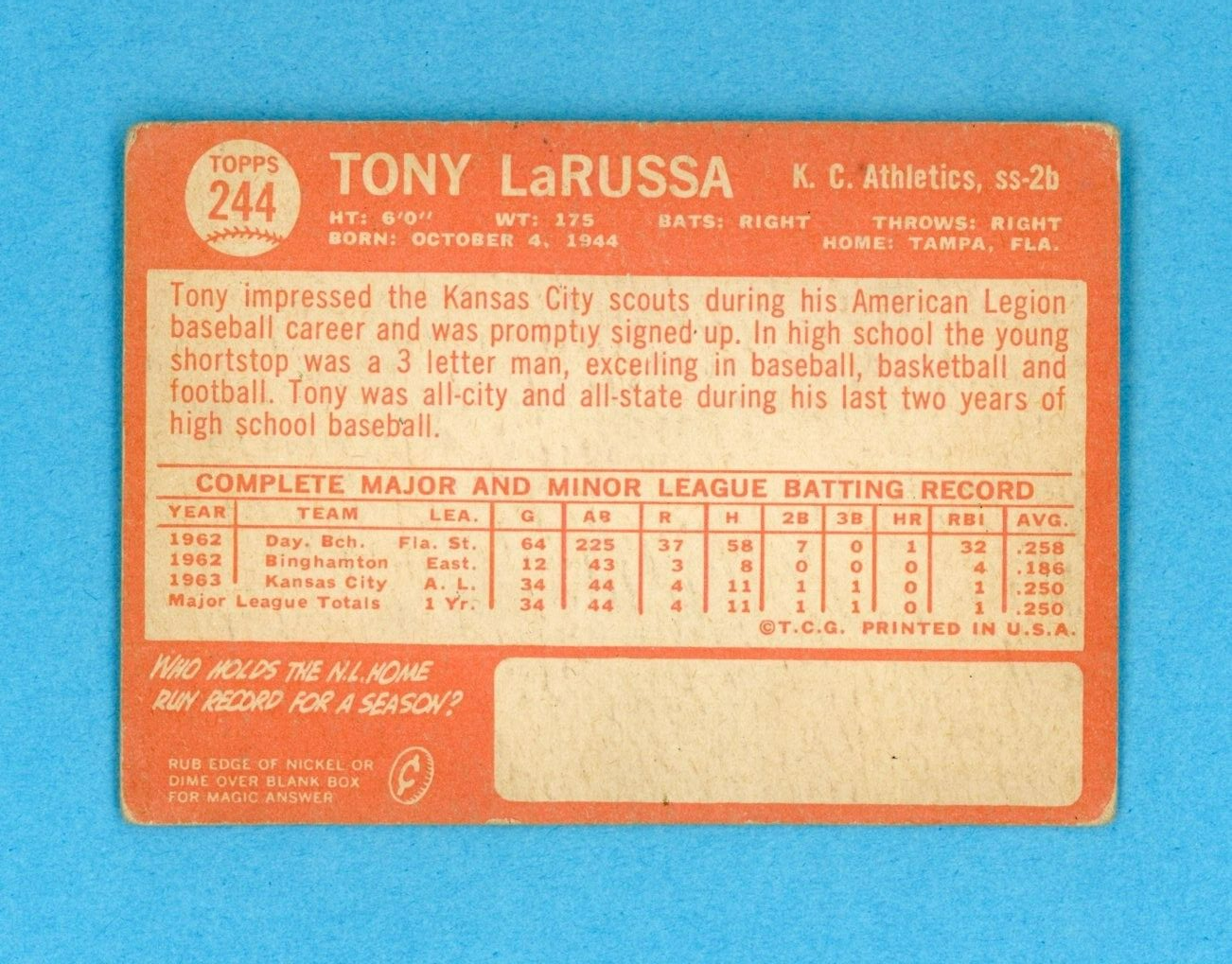 1964 Topps #244 Tony LaRussa Kansas City Athletics Rookie Baseball Card VG