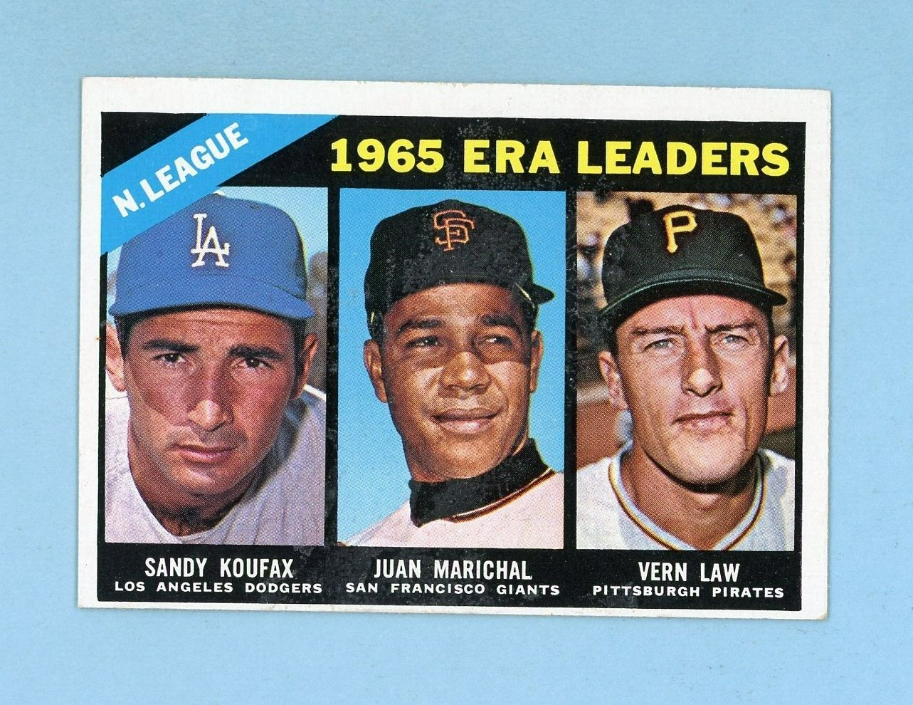 1966 Topps #221 1965 NL ERA Leaders Koufax Marichal Law Baseball Card Ex/Mt o/c