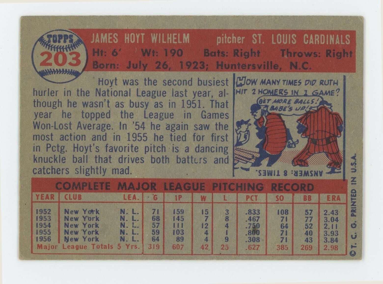 1957 Topps #203 Hoyt Wilhelm St. Louis Cardinals Baseball Card EX slg blur pho