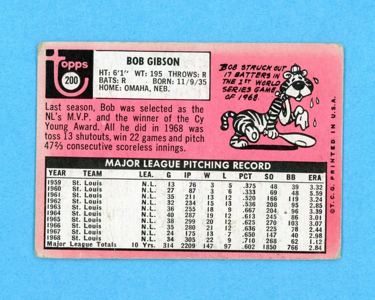 1969 Topps #200 Bob Gibson St Louis Cardinals Baseball Card Low Grade