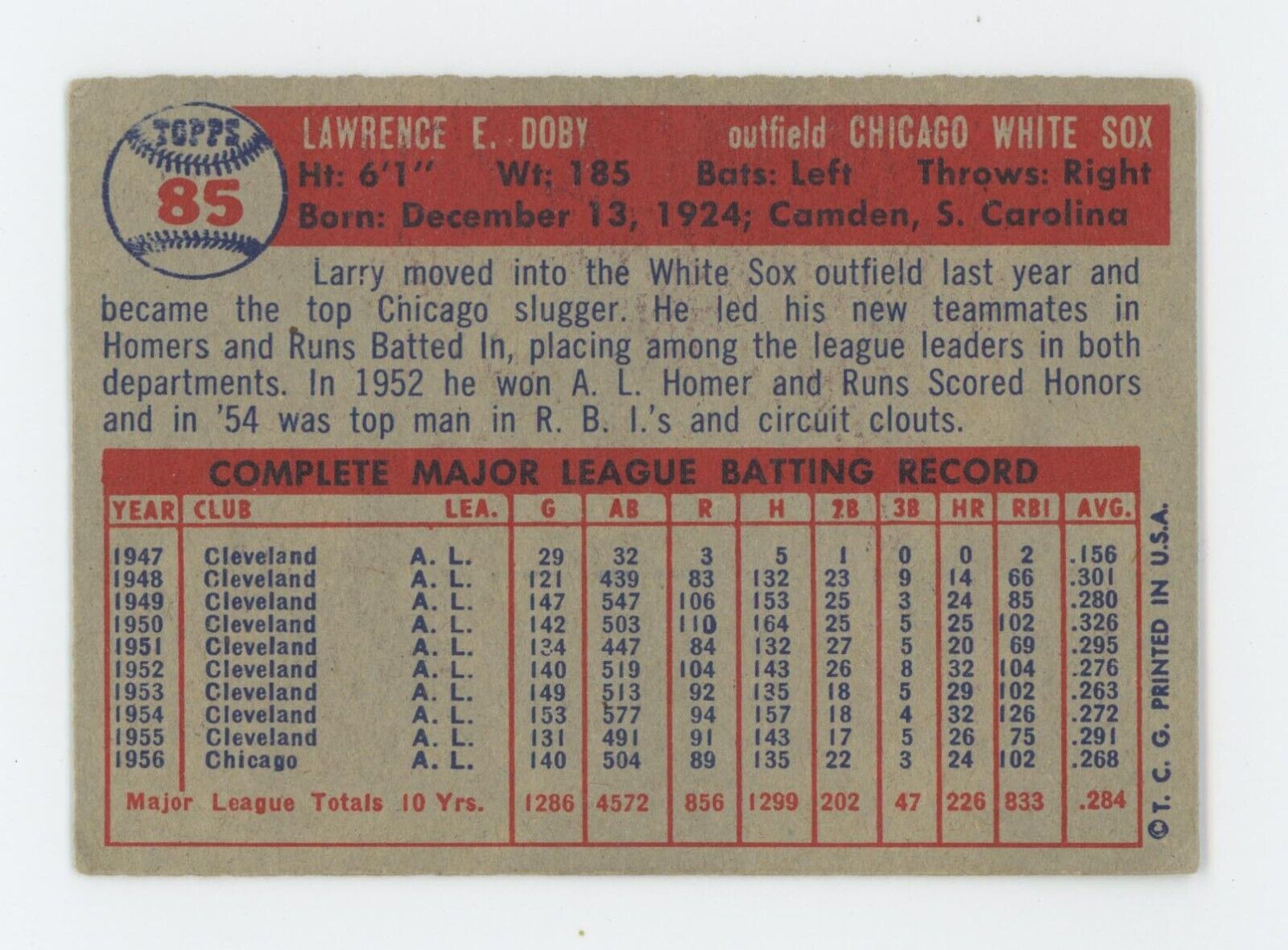 1957 Topps #85 Larry Doby Chicago White Sox Baseball Card EX app wrk ink wrt