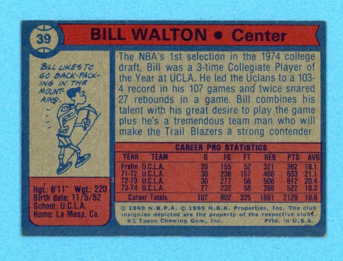 1974-75 Topps #39 Bill Walton Portland Trail Blazers Rookie Basketball Card E/M