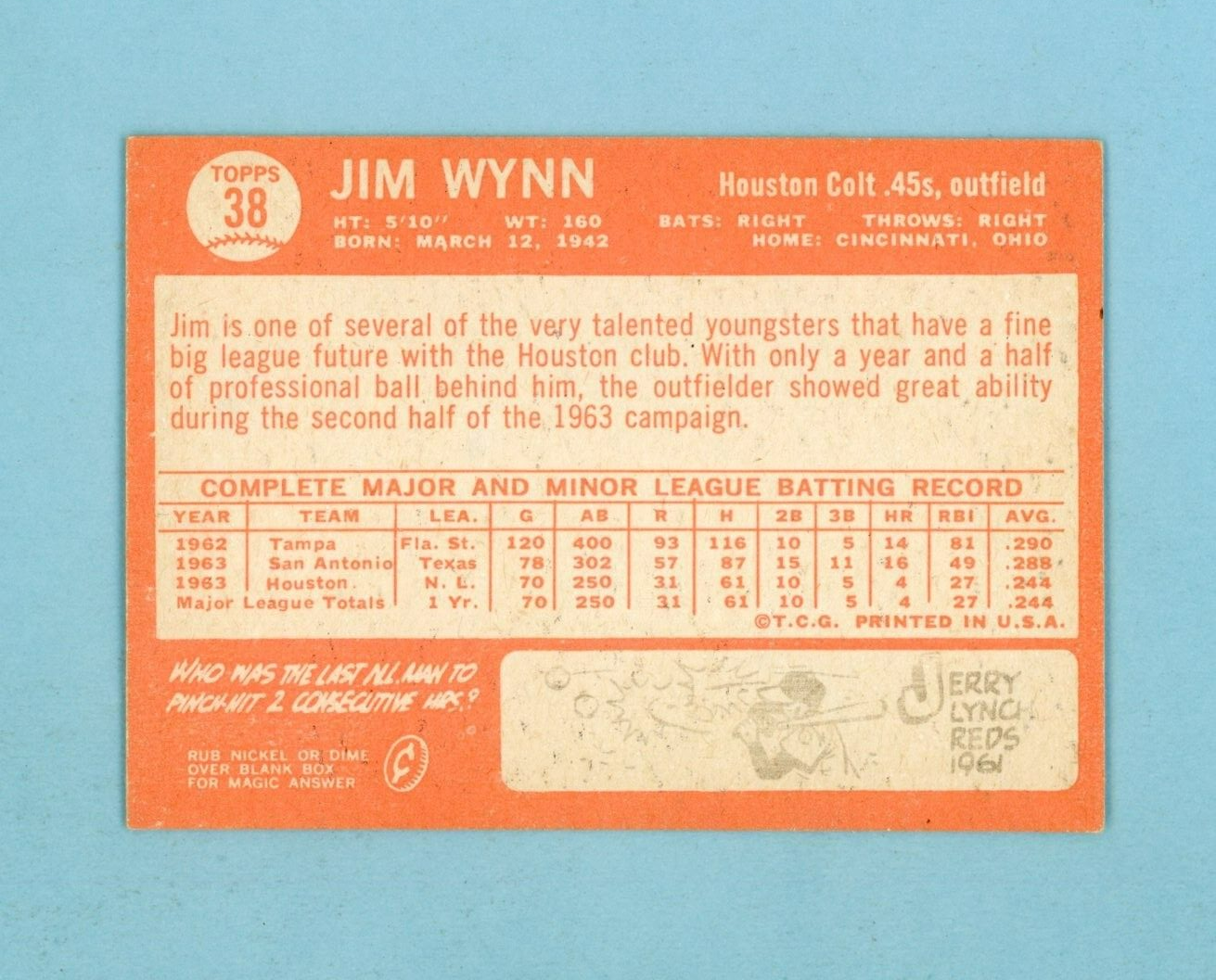 1964 Topps #38 Jim Wynn Houston Colts .45s Rookie Baseball Card Ex/Mt