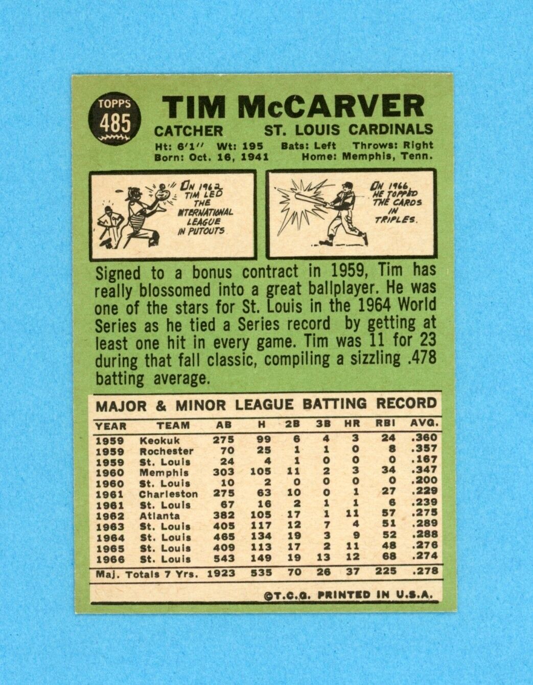 Tim McCarver Signed 1967 Topps Card #485 Auto with B&E Hologram