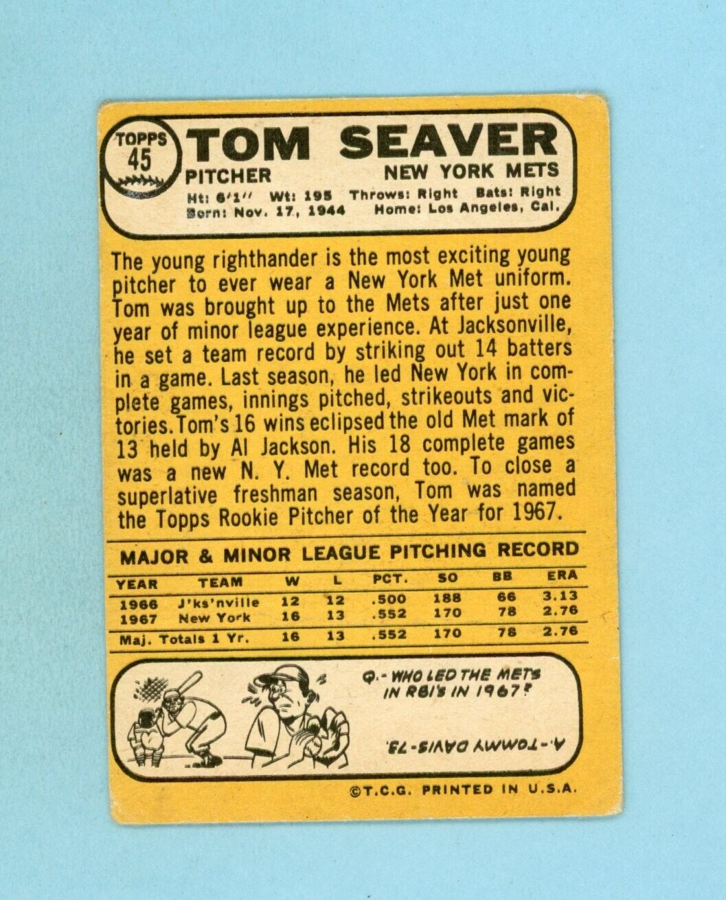 1968 Topps #45 Tom Seaver New York Mets Baseball Card Low Grade