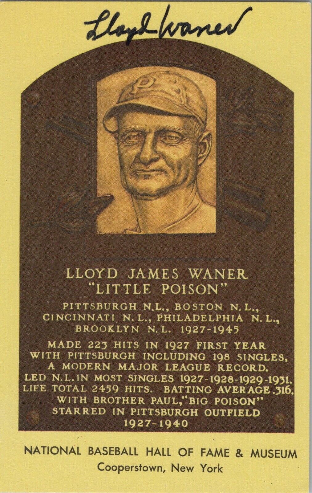 Lloyd Waner Signed Yellow HOF Plaque with B&E Hologram 2