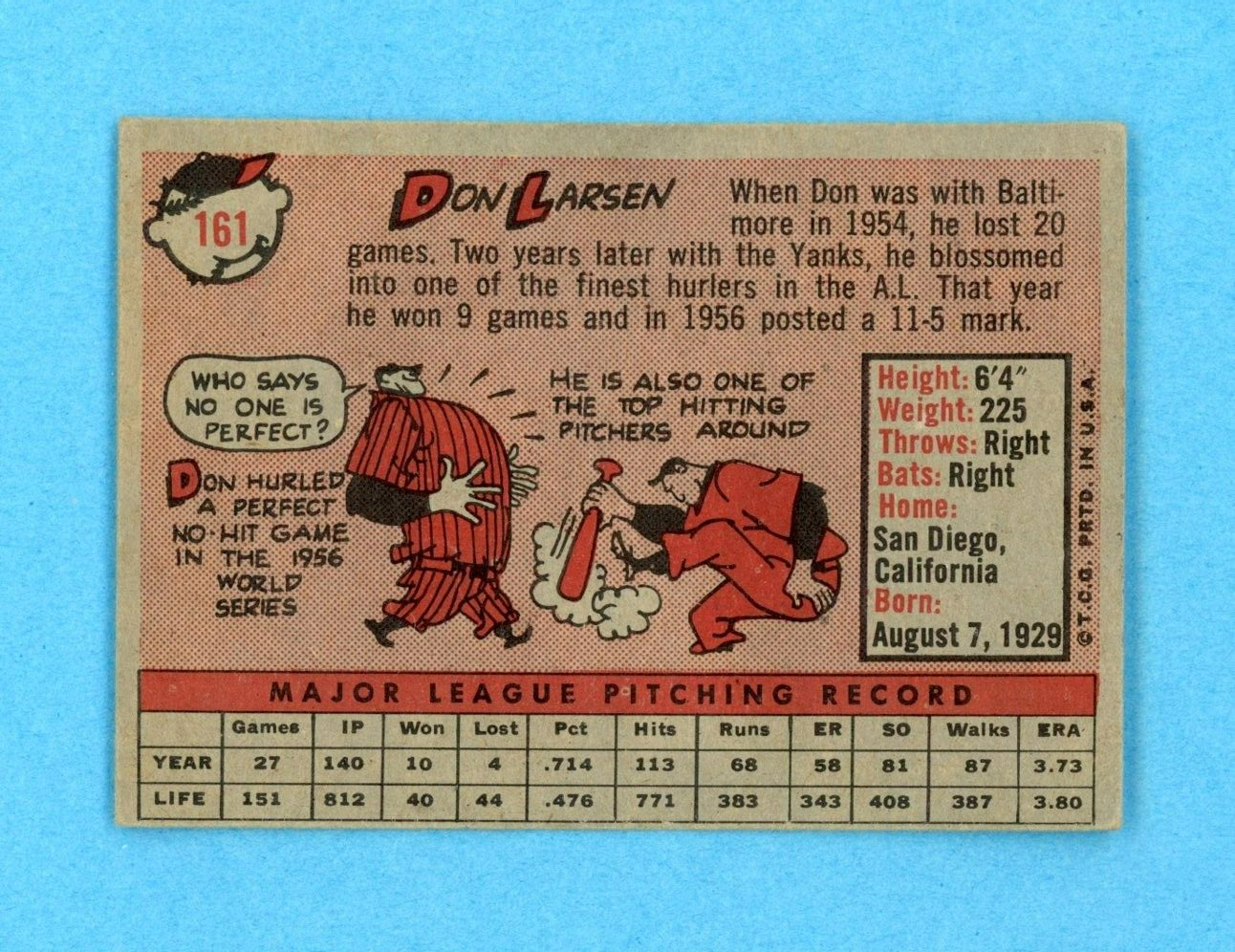 1958 Topps #161 Don Larsen New York Yankees Baseball Card EX o/c