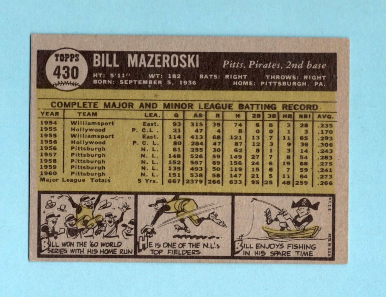 1961 Topps #430 Bill Mazeroski Pittsburgh Pirates Baseball Card EX+