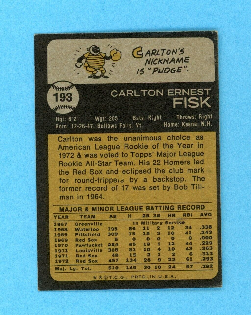 1973 Topps #193 Carlton Fisk Boston Red Sox Baseball Card EX