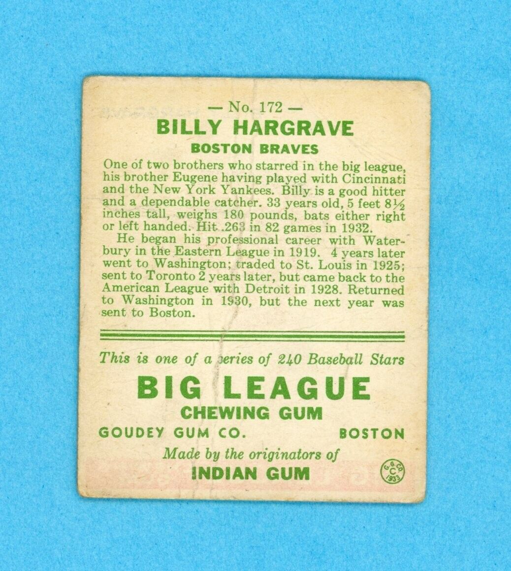 1933 Goudey #172 Billy Hargrave Boston Braves Baseball Card Low Grade