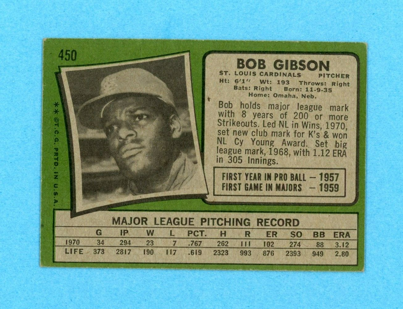 1971 Topps #450 Bob Gibson St. Louis Cardinals Baseball Card Vg/Ex