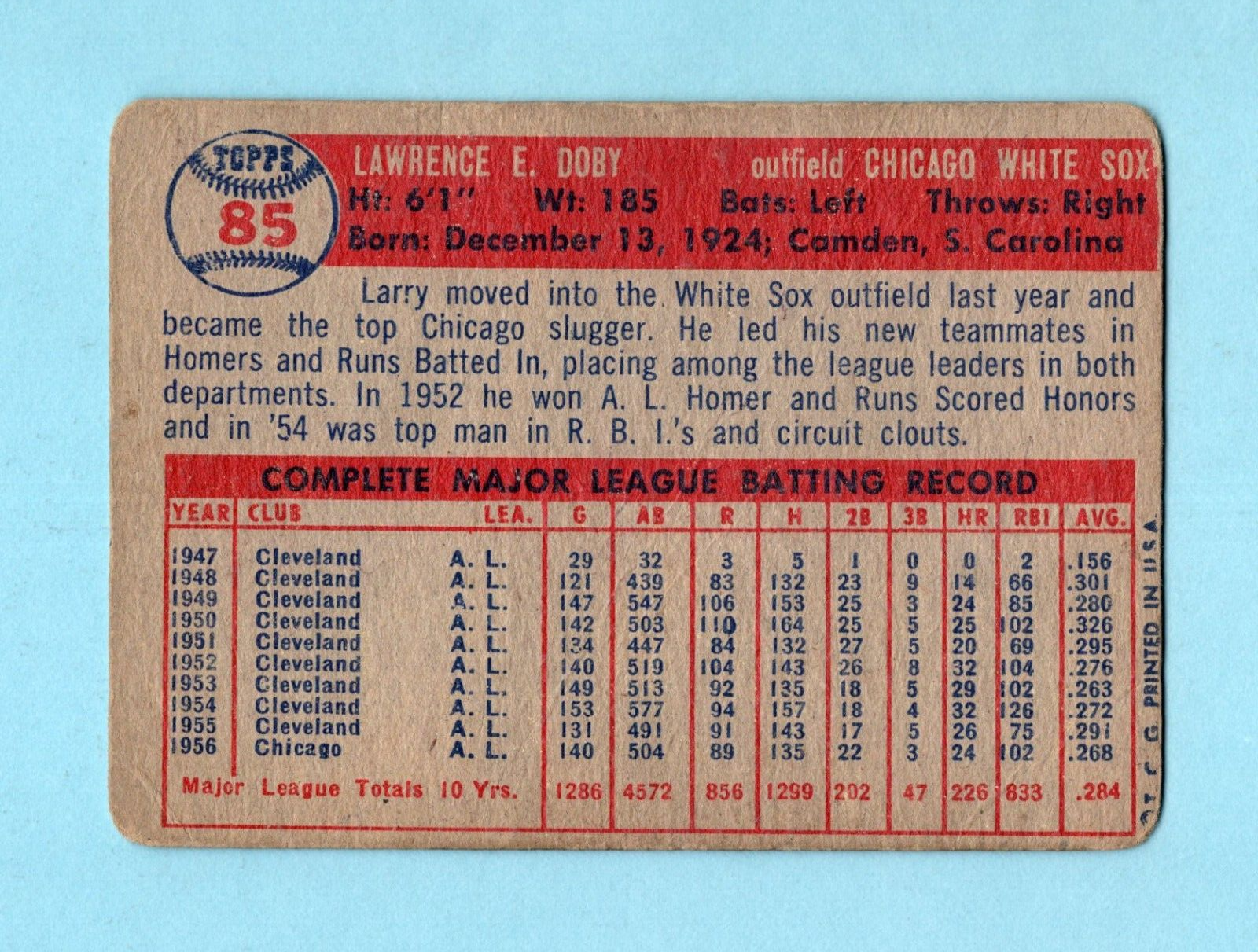 1957 Topps #85 Larry Doby Chicago White Sox Baseball Card Low Grade