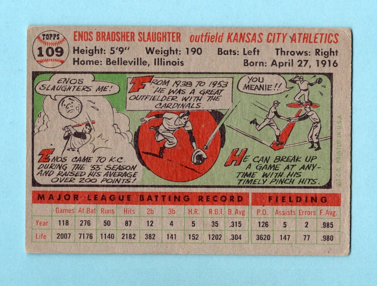 1956 Topps #109 Enos Slaughter Kansas City A's Baseball Card Vg/Ex