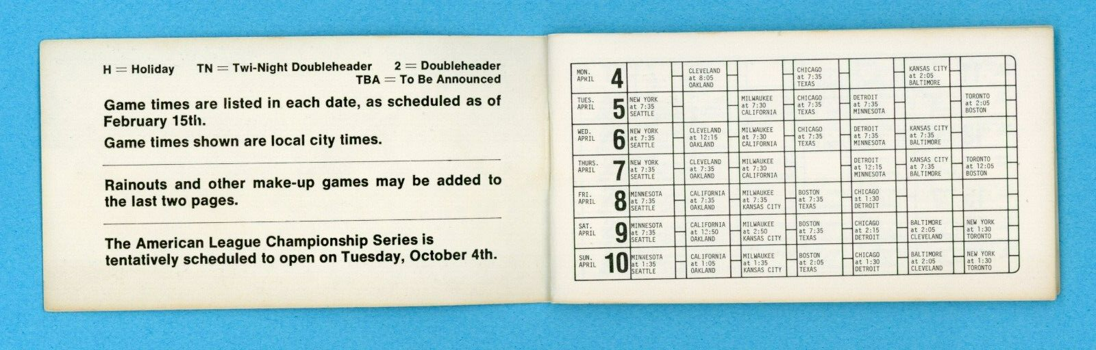 1983 American League Official Schedule Booklet