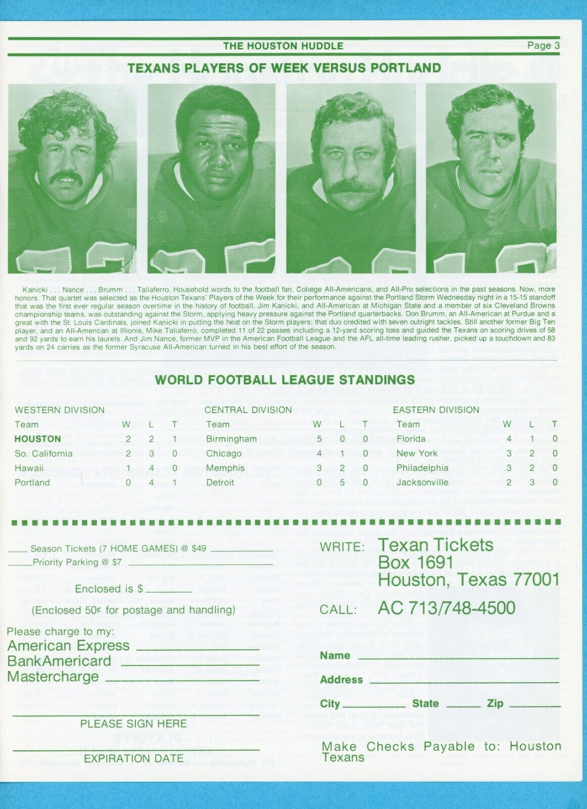 August 15, 1974 Vol. 1 No. 3 The Houston Huddle WFL Houston Texans Newsletter