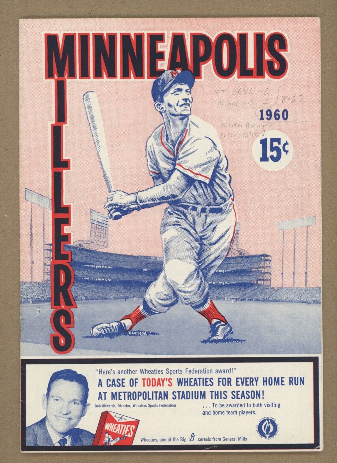 8/22/60 Minneapolis Millers Program with Carl Yastrzemski Red Sox Minor Leaguer