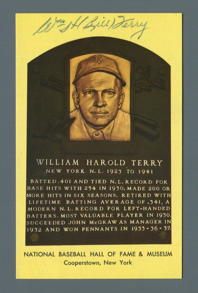 Wm H Bill Terry NY Giants Signed (twice) Hall of Fame Yellow Plaque w/  Hologram