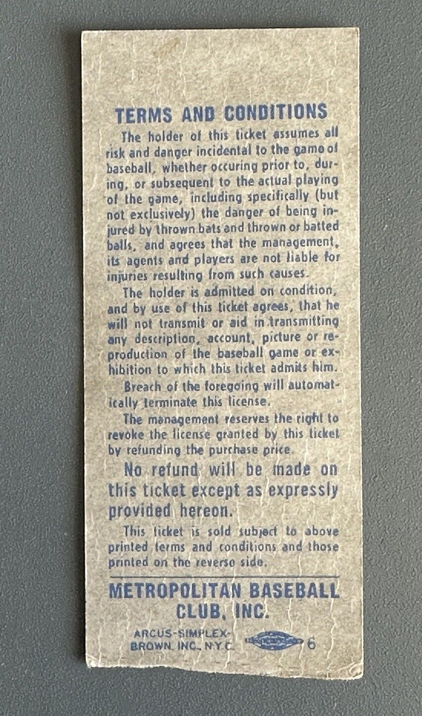 June 27, 1966 New York Mets Ticket Stub vs Yankees @ Shea - Mayor’s Trophy Game