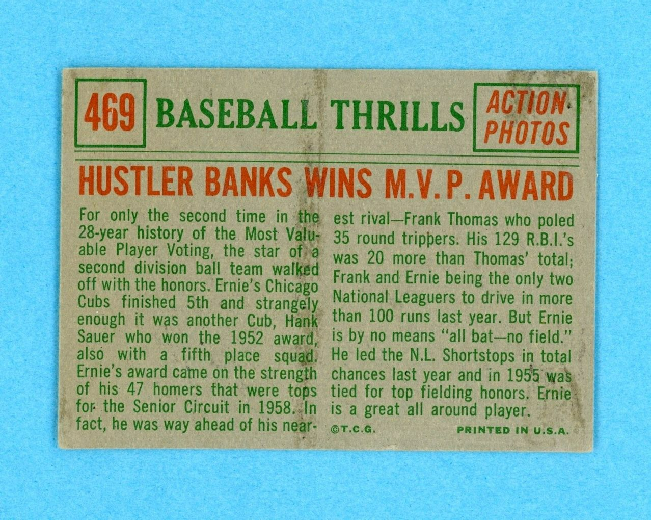 1959 Topps #469 Baseball Thrills Ernie Banks Cubs Baseball Card Low Grade