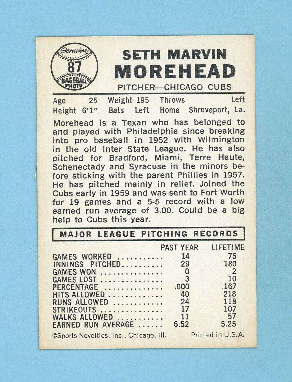 1960 Leaf #87 Seth Morehead Chicago Cubs High Number Baseball Card Ex - Ex+