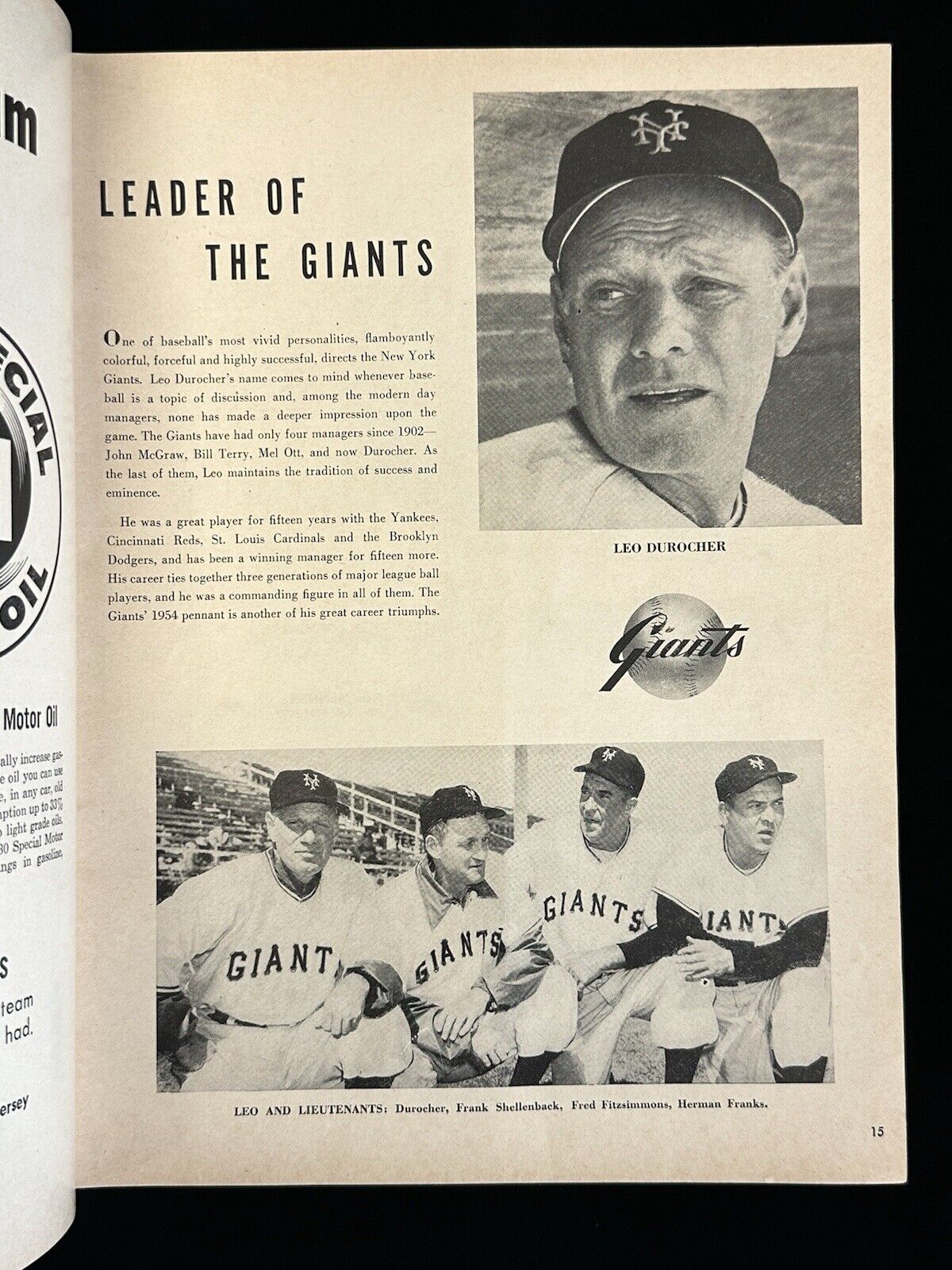 1954 New York Giants World Series Program vs Cleveland Indians - VG+ unscored