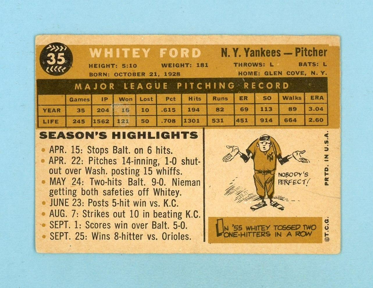 1960 Topps #35 Whitey Ford New York Yankees Baseball Card Vg/Ex ls mks wk/cr