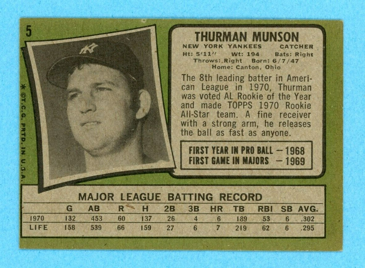 1971 Topps #5 Thurman Munson New York Yankees Baseball Card Ex-Ex+ o/c