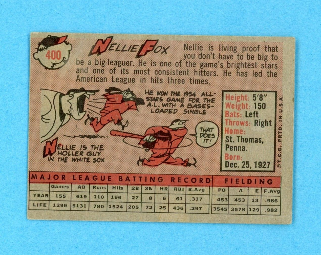 1958 Topps #400 Nellie Fox Chicago White Sox Baseball Card Vg/Ex