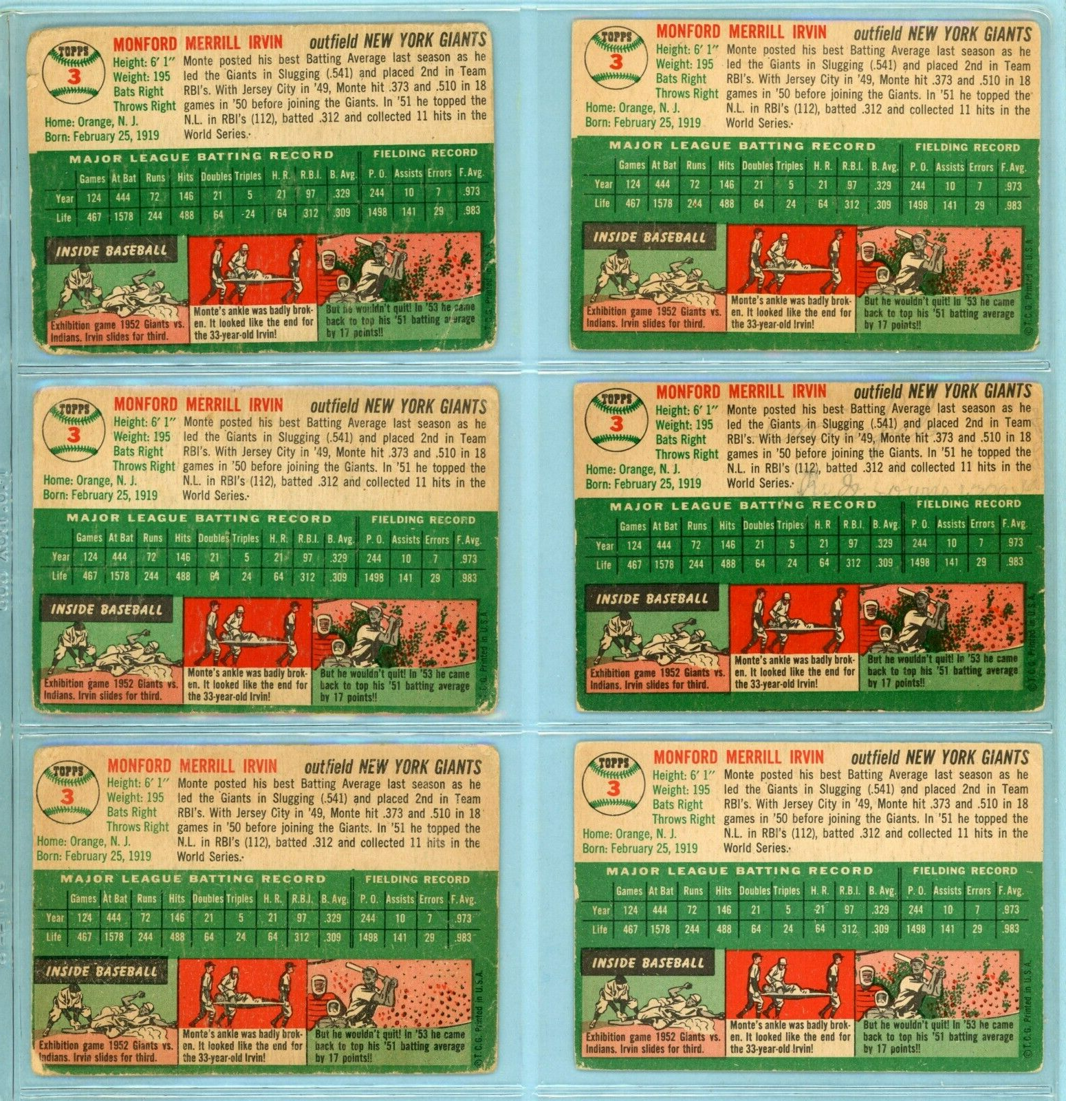 1954 Topps #3 Monte Irvin New York Giants Lot of 6 Baseball Cards Low Grade