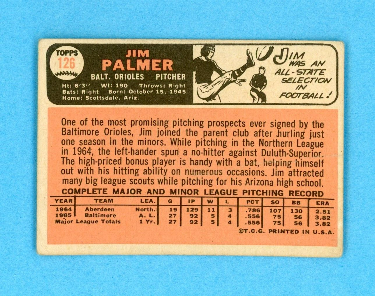 1966 Topps #126 Jim Palmer Baltimore Orioles Rookie Baseball Card Low Grade