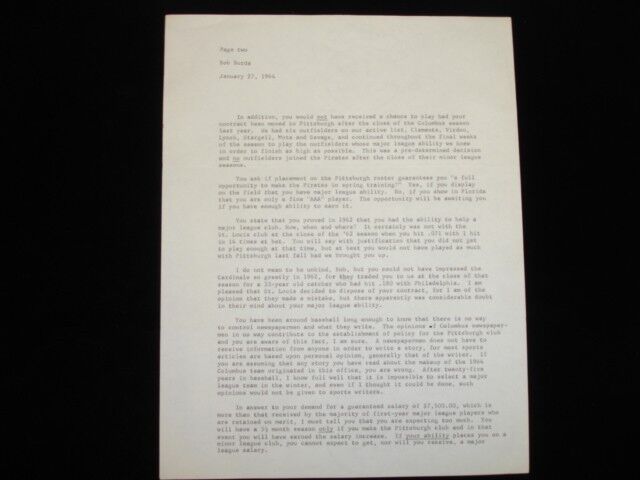 1964 Pittsburgh Pirates 2-Page Letter SIGNED by GM Joe L. Brown to player Burda