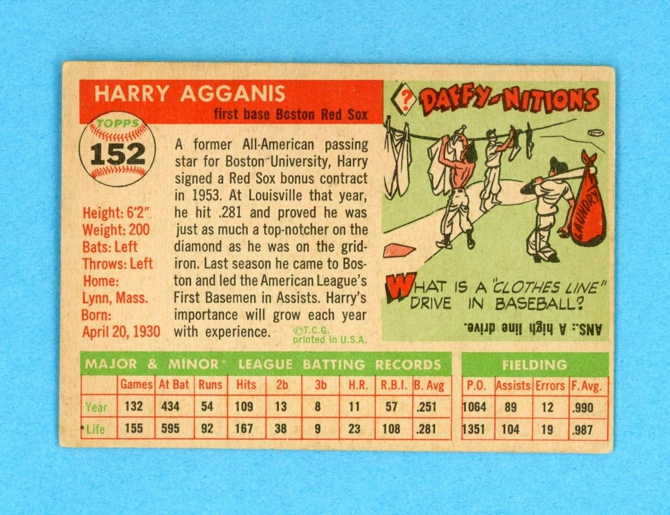 1955 Topps #152 Harry Agganis Boston Red Sox Rookie Baseball Card EX o/c lht wrk