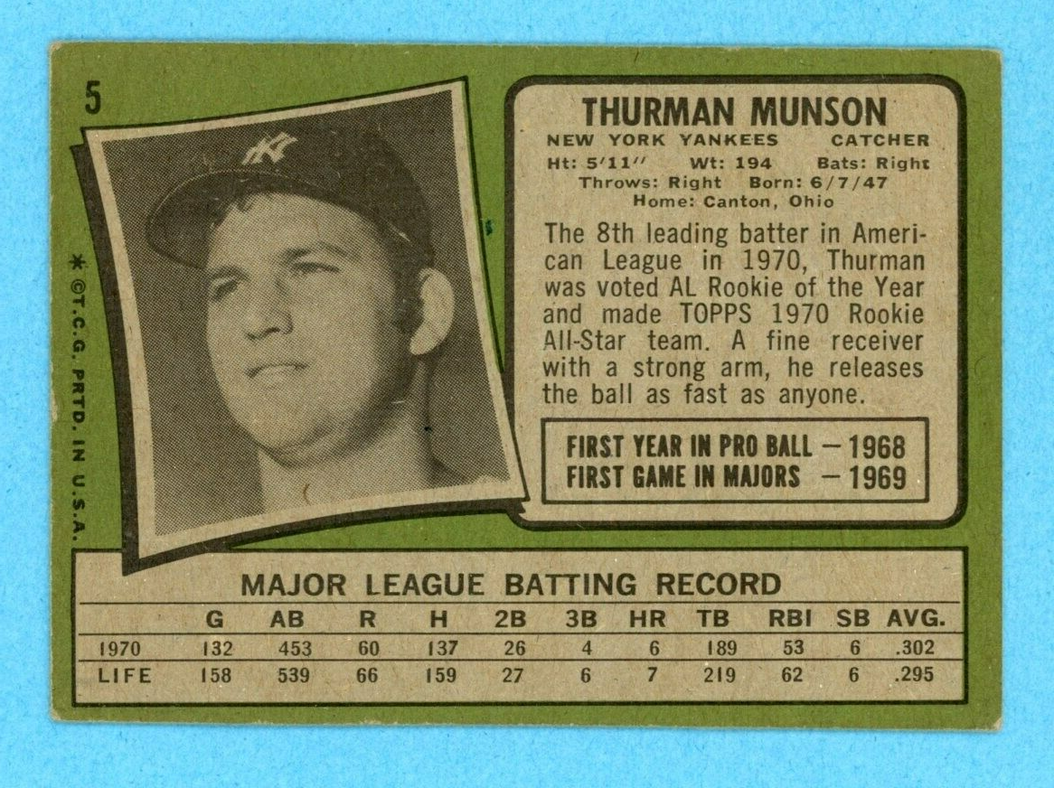 1971 Topps #5 Thurman Munson New York Yankees Baseball Card Vg-Vg+ flwb