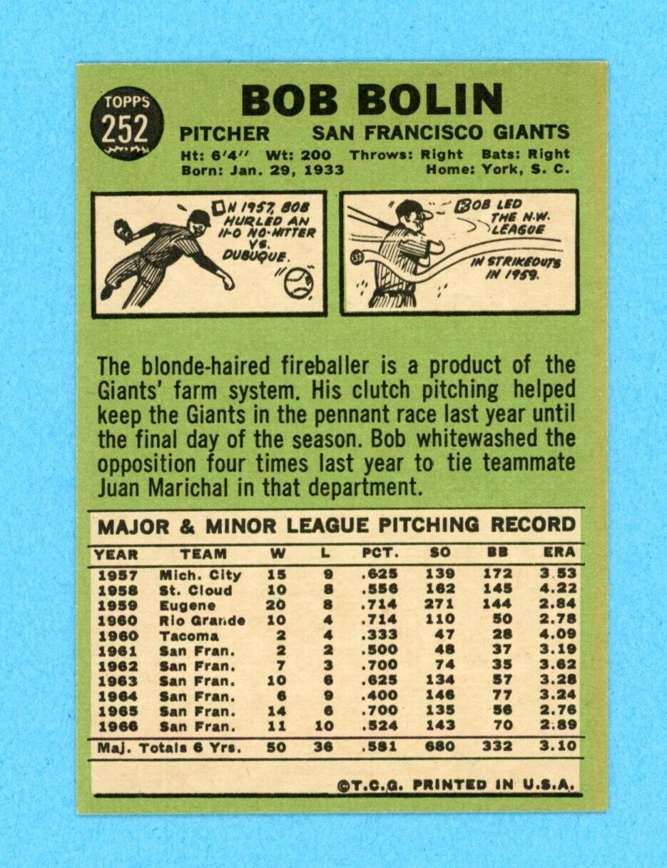 1967 Topps #252 Bob Bolin San Fra Giants White Streak Variation Baseball Card NM