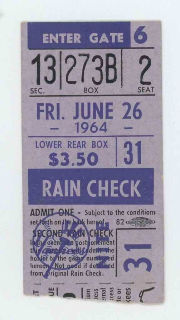 6/26/64  Detroit Tigers vs. New York Yankees Ticket Stub