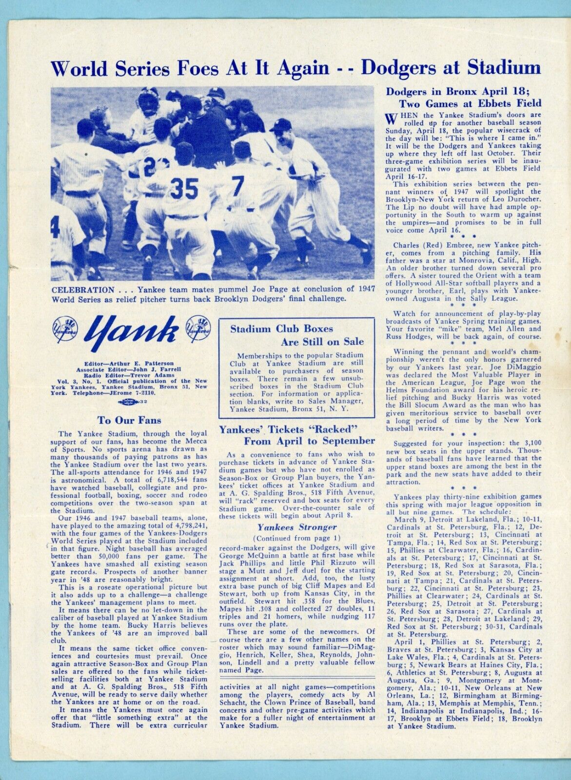 Yank 1948 Official New York Yankees Newsletter Spring Roster with Photos