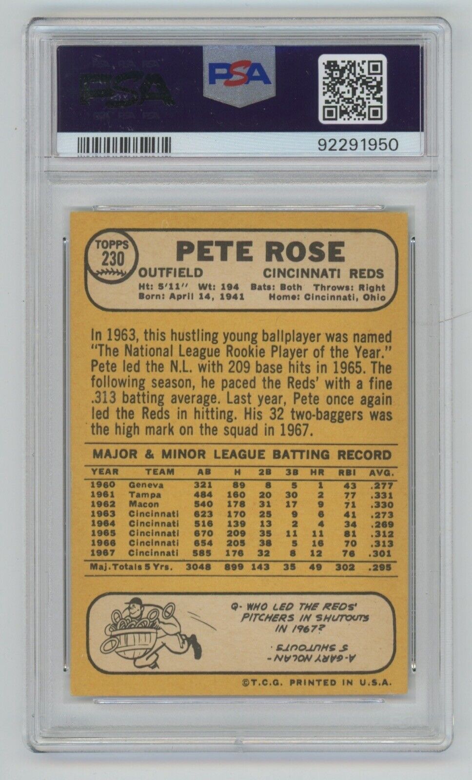 Pete Rose 1968 Topps Card #230 • PSA 4 VG-EX