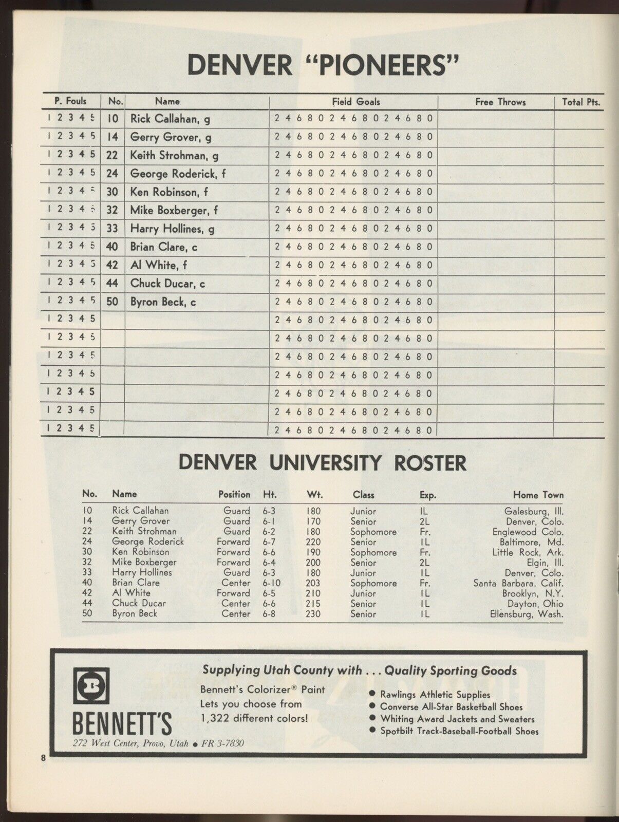 1966 Brigham Young vs Denver University Basketball Program • unscored