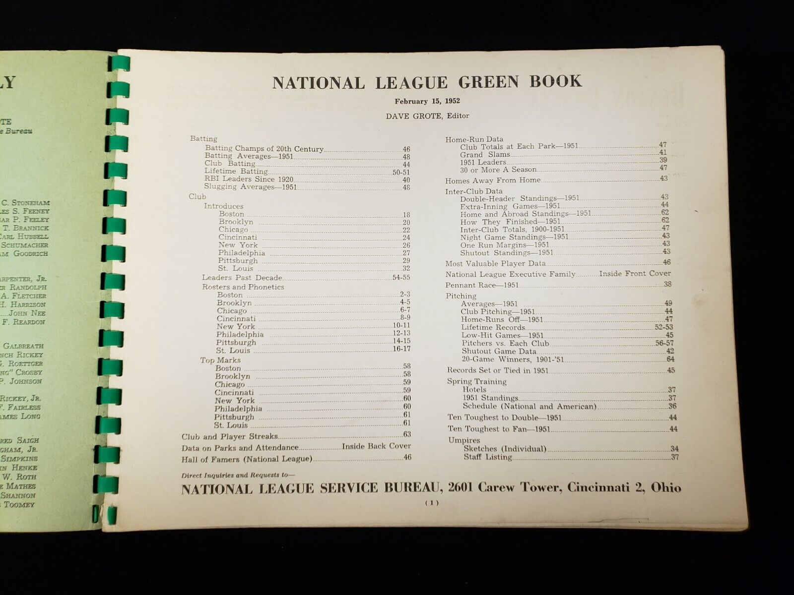 1952 National League Baseball Green Book 