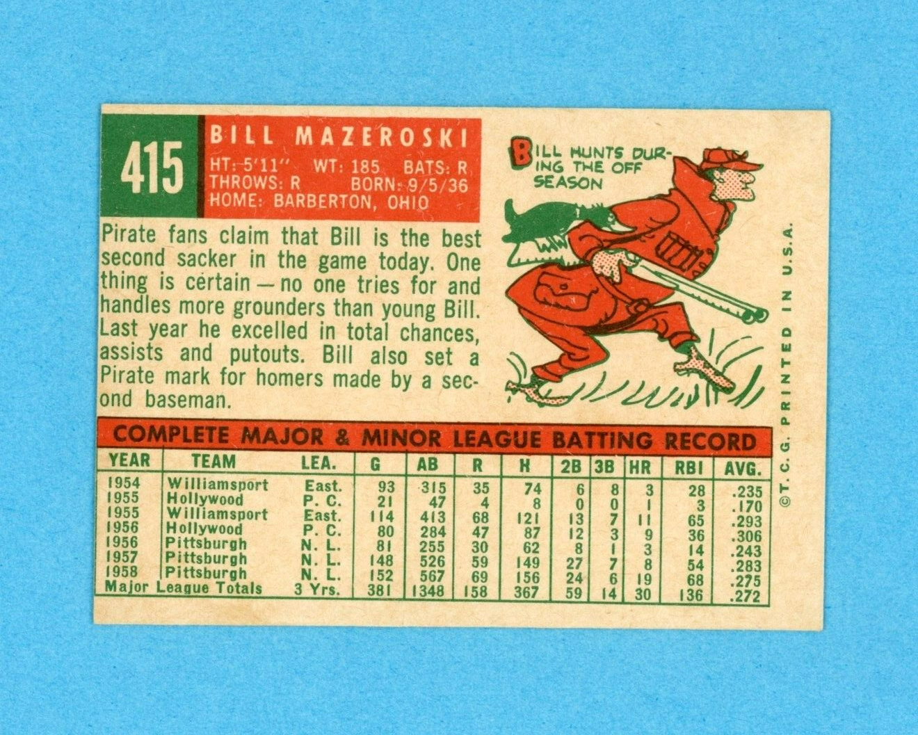 1959 Topps #415 Bill Mazeroski Pittsburgh Pirates Baseball Card NM o/c